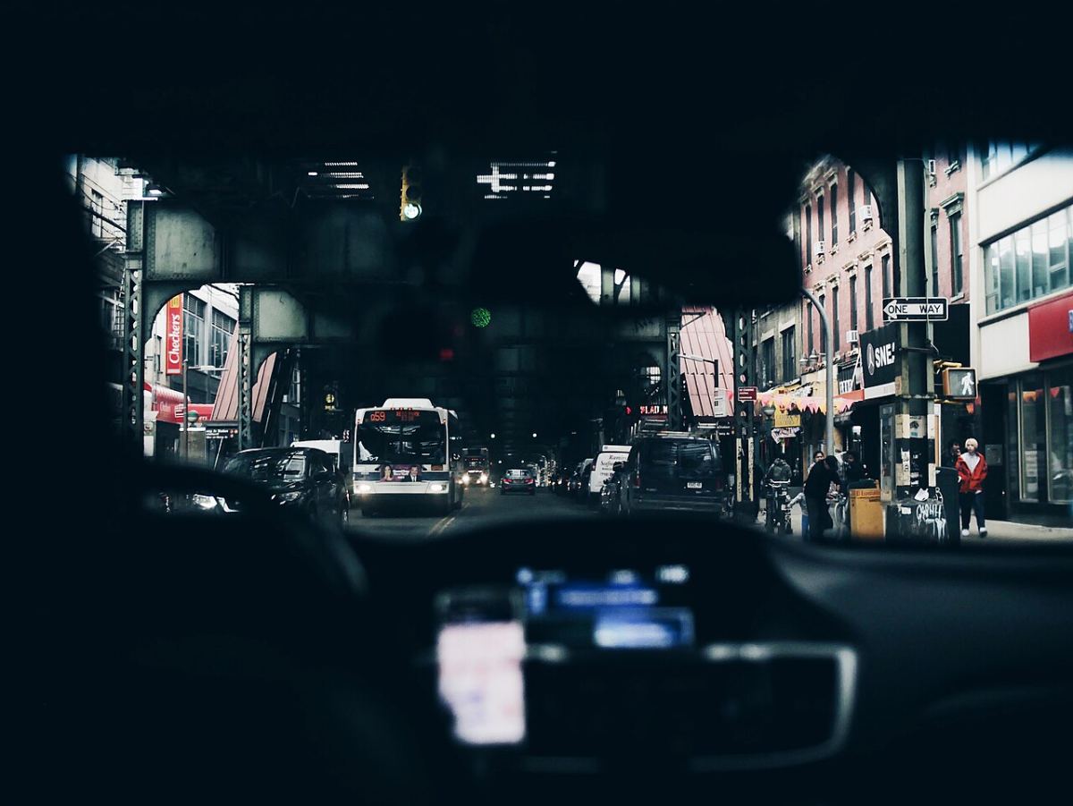 Driving through Birmingham city centre at night